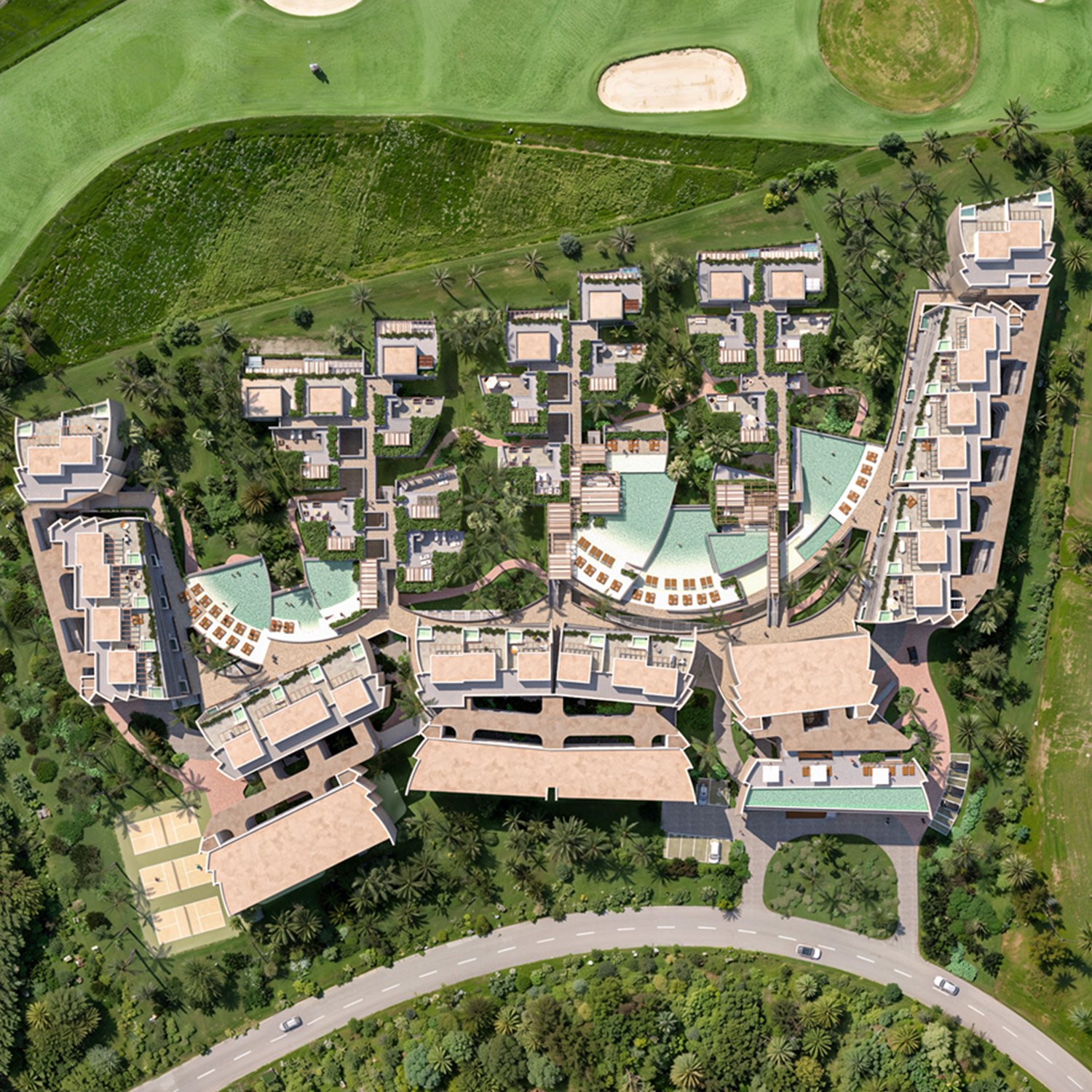 Plan-view rendering of the Andara Cap Cana site seen from directly above: the roofs and pool complex of its 175 residences, with golf fairway on two sides.
