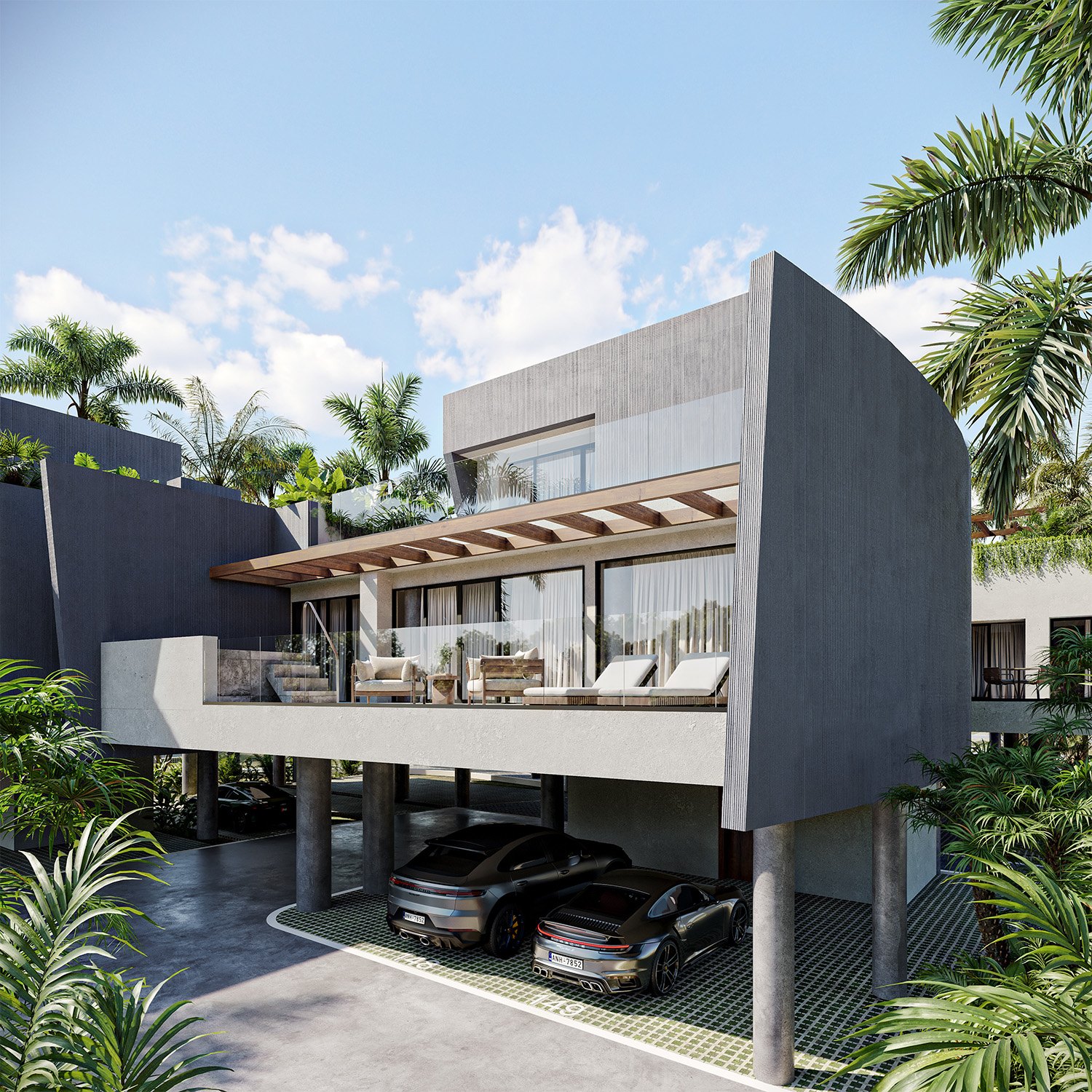 Rendering of a golf-front townhome at Andara Cap Cana, its pergola terrace facing the Las Iguanas fairway, about 10 minutes by road from Juanillo Beach.