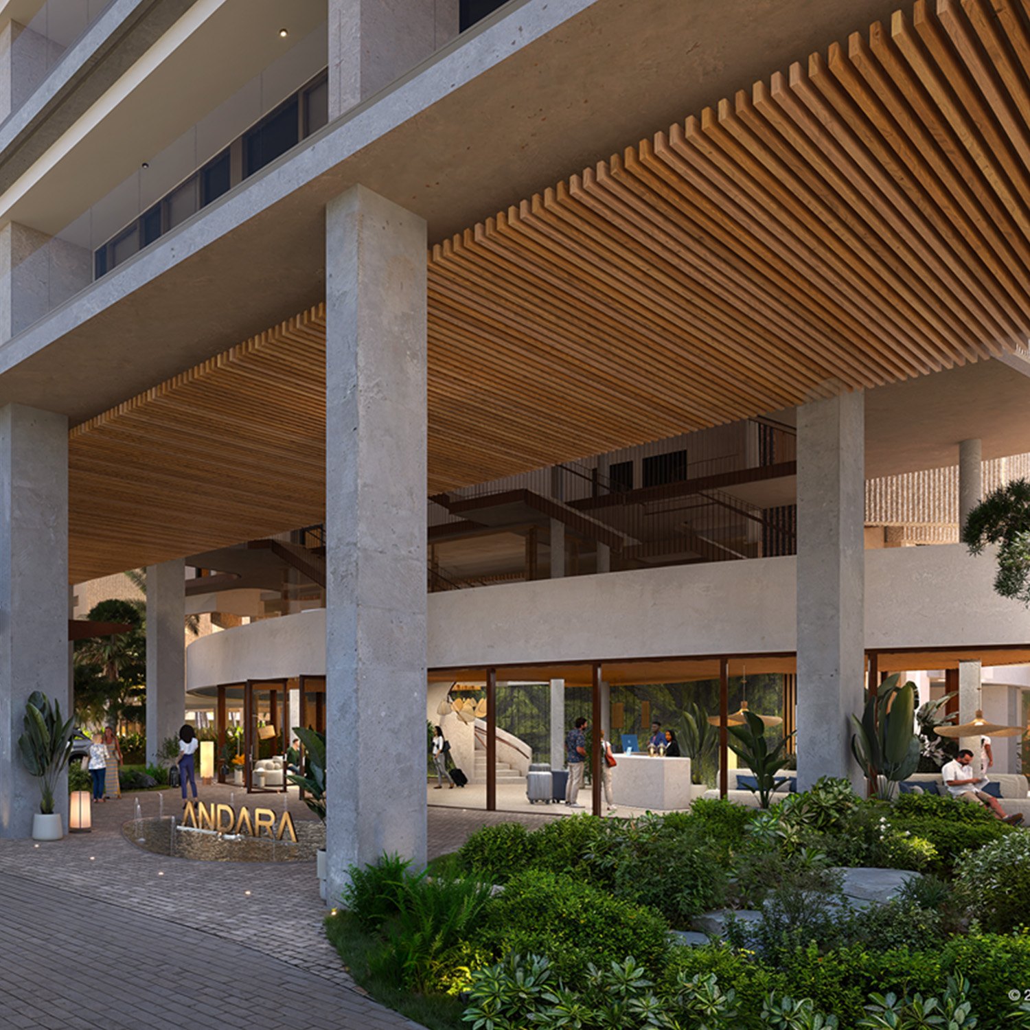 Rendering of the open-air arrival lobby and reception desk at Andara Cap Cana, where residents and guests of its 175 homes will check in from delivery in Q4 2028.