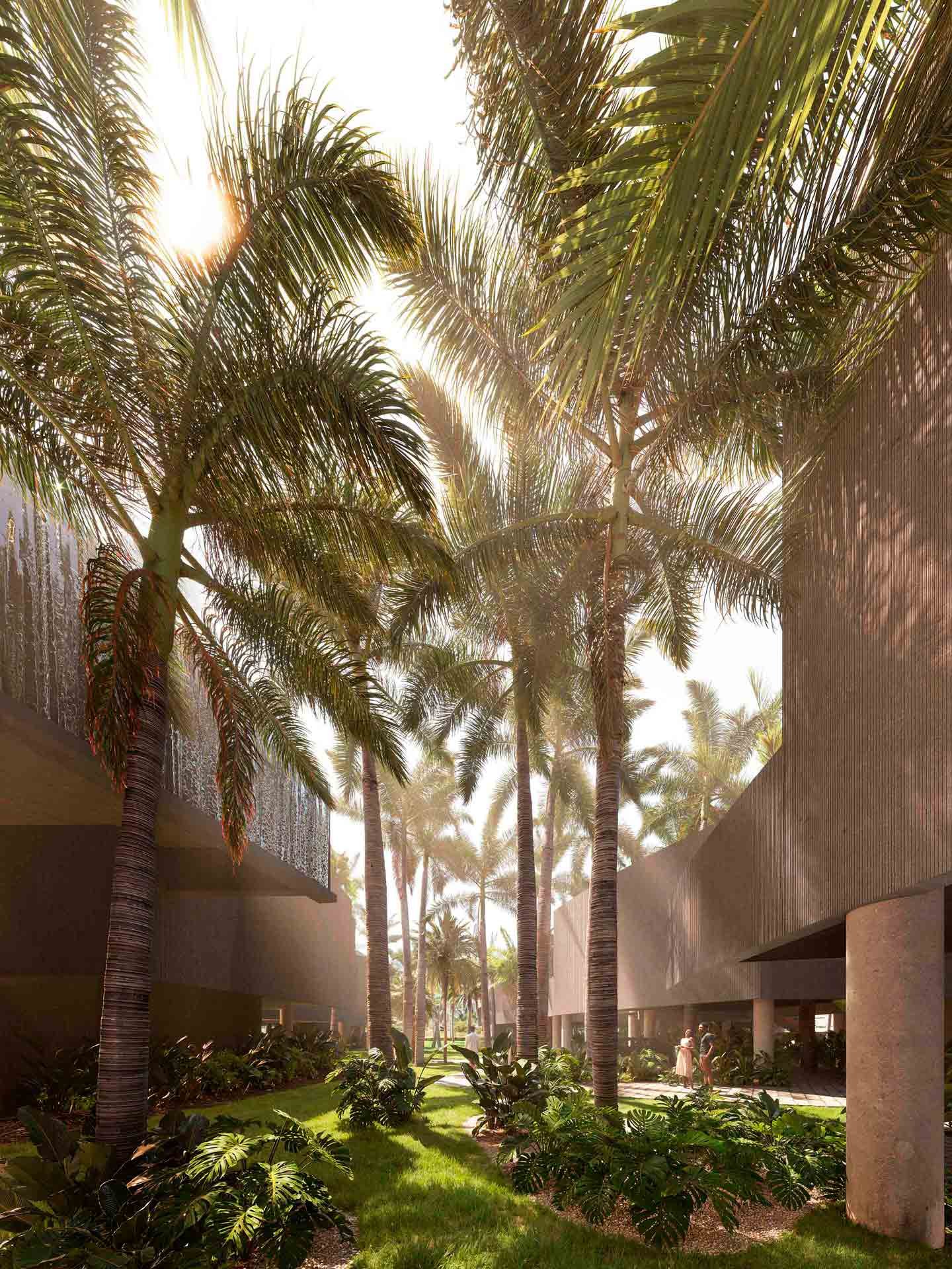 Rendering of the royal-palm courtyard between two residential blocks at Andara Cap Cana, a development of 175 residences, not a photograph.