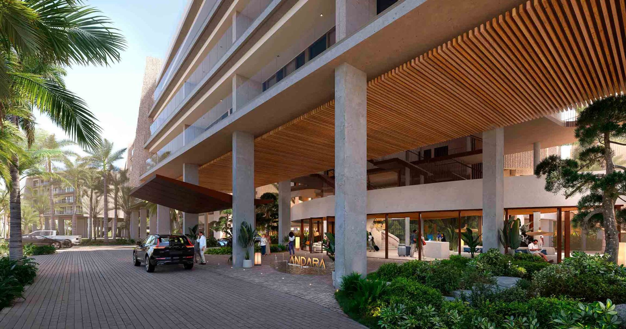 Rendering of the arrival drive and porte-cochère at Andara Cap Cana, the covered entrance that will serve all 175 residences when the development delivers in Q4 2028.