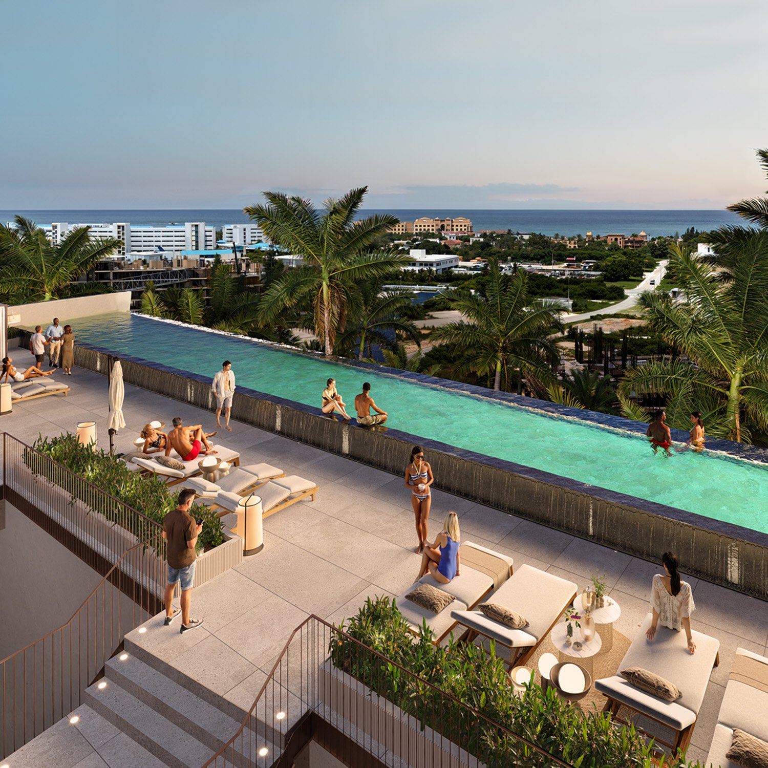 Rendering of the adults-only rooftop infinity pool at Andara Cap Cana at dusk, one of its 7 pools, with the ocean on the horizon.